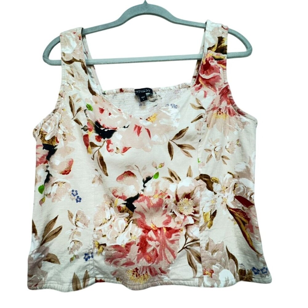 Express Floral Linen Blend Tank Top L Cream Pink Smocked Back
